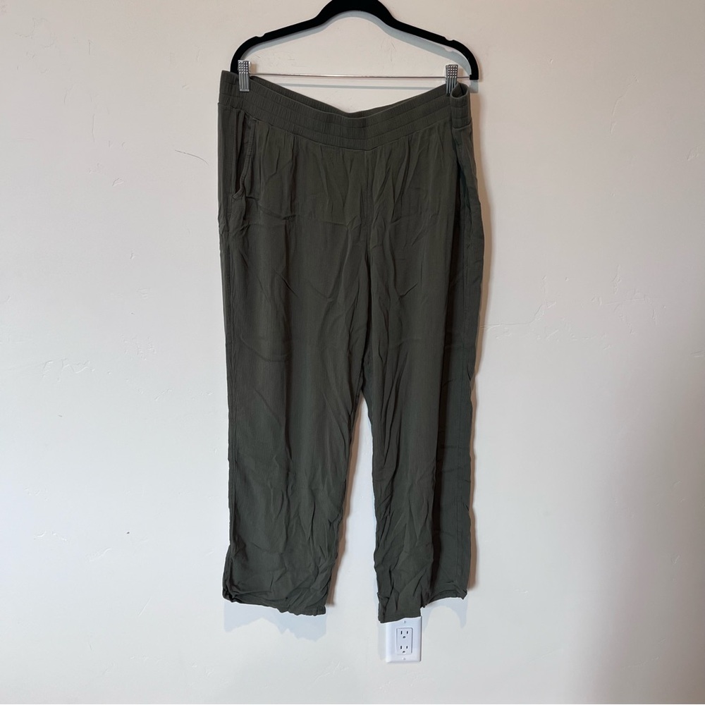 Three Dot Wide Leg Gauzy Cotton Olive Green Slip On Pants Plus Size XXL Casual